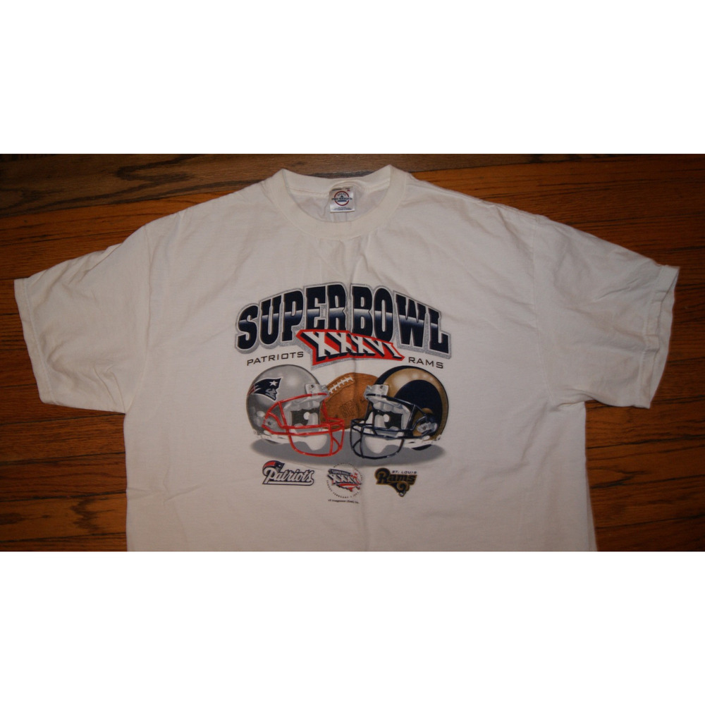 VTG 2002 Super Bowl XXXVI Rams Vs Patriots White XL TShirt USA Made Tom Brady